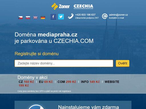 naši doménu mediapraha.cz spravuje registrátor regzone.cz na profesionálním hostingu od czechia.com. využijte jejich služeb stejně jako my a získáte skvělou parkovací stránku, špičkové technologické zázemí, nonstop podporu a mnoho dalších výhod.