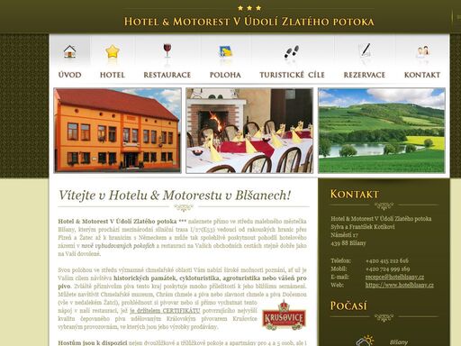 hotel & motorest v údolí zlatého potoka se nalézá v žatecké oblasti, kde se pěstuje nejkvalitnější chmel a vyrábí nejlepší pivo na světě, poskytuje služby jak turistům tak motoristům, nabízí ubytování ve tříhvězdičkovém standardu, pokoje s vlastním sociálním zařízením, tv, sat, dvd, telefonem, dále možnost stravování ve formě snídaně, polopenze a plné penze, hlídané parkování v areálu hotelu, bezbariérový přístup, možnost agroturistiky, cykloturistiky, možnost mít sebou psího miláčka, a půjčovnu trekkingových kol.