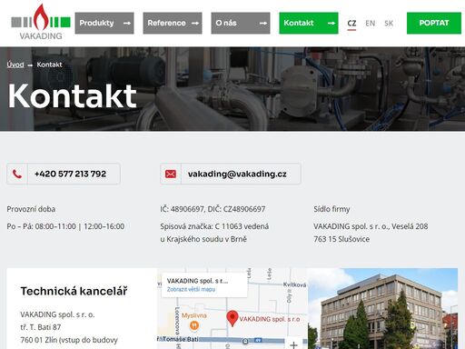 kontaktní údaje, telefonní čísla, adresa síla a technické kanceláře, iniciály společnosti, provozní doba.
