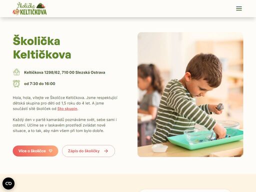vítejte v dětské skupině keltičkova pro 12 dětí od 1,5 roku do 4 let. o děti pečujeme s láskou a snažíme se, aby pro ně byla jejich první školička ten nejlepší start v jejich další životní cestě. jsme součástí sítě školiček od sto skupin.