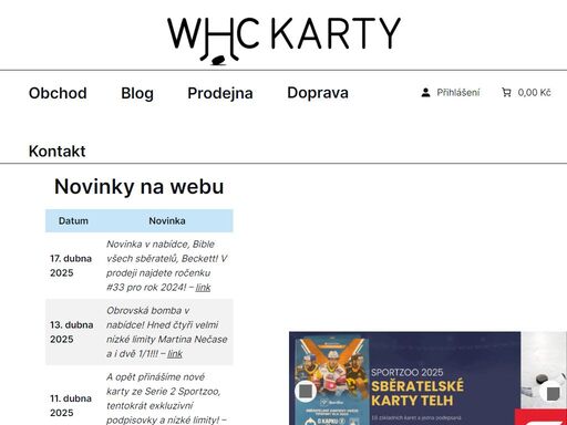 webové stránky eshopu a kamenné prodejny whc karty, zaměřené na sportovní a sběratelské karty