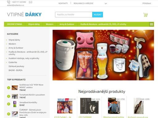 vtipné dárky, army-western-outdoor vybavení, hudebniny, tramping - petr hahn. zdravím vás a vítám v tomto virtuálním ale jinak zcela konkrétním a osobitém obchodě. naleznete zde široký sortiment od vtipných dárkových předmětů, přes army-western-outdoor vybavení až po zboží s hudební tématikou.
začal jsem podnikat v r…