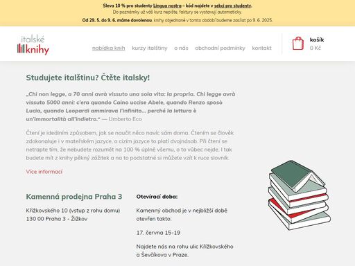 studujete italštinu? čtěte italsky – už od začátku. nabízíme zjednodušené četby v italštině a také několik nezjednodušených knih pro velmi pokročilé studenty. obchod provozuje lingua nostra – škola italštiny.
