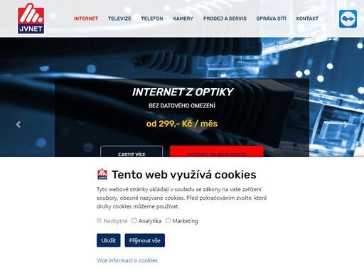 nabízíme vám řešení v oblasti komunikačních služeb, cenově dostupné připojení k internetu, hlasové a síťové služby. naším cílem je zlepšení dostupnosti rychlého internetu a rozšíření komunikačních technologií čímž se snažíme přispět k rozvoji našeho regionu. nově také nabízíme digitální televizi iptv. v nabídce je optické připojení v některých lokalitách. firma jvnet.cz s.r.o. se od 5.8.2020 plně integrovala do sítě ttnet.