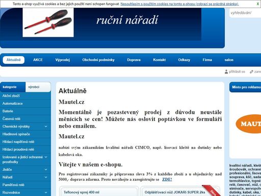 mautel.cz nabízí zákazníkům kvalitní nářadí cimco a elektroinstalační materiál, žárovky, svítidla, termostaty, senzory.