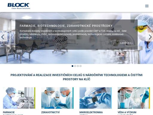 společnost block nabízi komplexní dodávku stavebních a technologických celků od  jejich  prvotního  technického návrhu, přes vypracování všech potřebných stupňů projektové dokumentace, až po jejich samotnou realizaci,  zprovoznění, měření  a  zkoušky, validace a záruční  a pozáruční  servis.