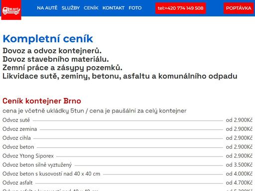 kompletní ceník komunální kontejner, suťový kontejner. odvoz a likvidace odpadu brno. ceník pro dopravu materiálu po brně. ceník zemních a výkopových prací.