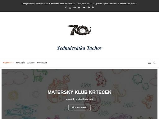mateřský klub krtečekmaminky a předškolní dětivíce informacíroyal rangersprogram pro školní děti a mládežvíce informacífusion tachovprogram pro školní děti a mládežvíce informacíliterární čtvrtkyprogram pro milovníky dobré literatury, humoru a vínavíce informacízvukový archivbohoslužbyduchovní program pro všechnyvíce informacízvukový archiv vítejte! vítejte na webových stránkách sedmdesátky, na nichž se budete moci seznámit se všemi aktivitami, které se v ní