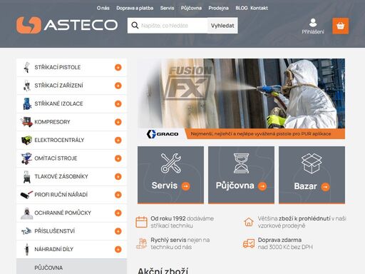 asteco s.r.o.. pokud sháníte profesionální stříkací techniku od světových výrobců, jste u nás správně. už od roku 1992 prodáváme stříkací pistole, stříkací zařízení airless, stroje pro vodorovné dopravní značení, omítací stroje, injektážní zařízení, kompresory a jinou techniku pro aplikace nátěrových hmot. dodáváme…