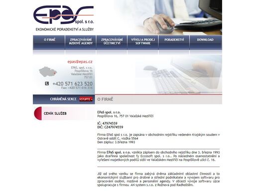 epas, s.r.o. valašské meziříčí - ekonomické poradenství a služby - poskytujeme následující služby: zpracování účetnictví a daňové evidence, daňového přiznání, mzdové a personální agendy, ekonomické a daňové poradenství, outsourcing, software pro mzdové účetnictví a personalistiku, školení pro výše uvedené oblasti