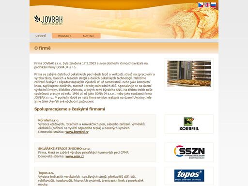 jovbak s.r.o. - distribuce pekařských pecí, strojů na zpracování a výrobu těsta, balících a řezacích strojů a dalších pekařských technologií.
