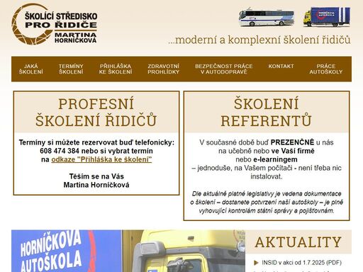 školící středisko pro řidiče - martina horníčková, školení profesionálních řidičů a řidičů referentů, bezpečnost autodopravy