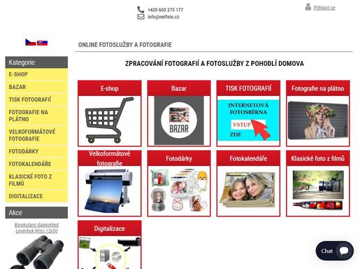 online vyvolání fotografií, tisk velkoformátů, fotografií na plátno, zpracování fotodárků; foto na doklady.