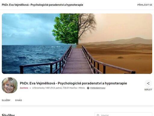individuální, párové a  rodinné poradenství.  hypnoterapie. nedělám psychologické vyšetření, věnuji se dospělým a  dětem od 6 let věku.
- - -
studium: obor psychologie na univerzitě palackého v olomouci * státní rigorózní zkouška z oboru psychologie *  kurzy  hypnózy * semináře, výcviky a workshopy v rámci celoživotního vzdělávání.
- - -
praxe: psychiatrická léčebna bohnice - praha
- - -
e-mail:  eva@vejmelkova.com