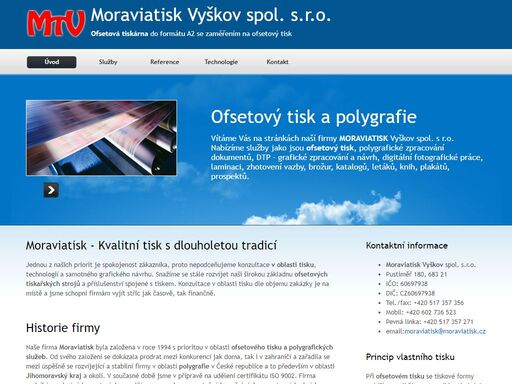 ofsetová tiskárna moraviatisk se zaměřuje na ofsetový tisk do formátu a2, dtp - grafické zpracování, laminaci a vazbu knih, tisk časopisů a různých letáků.