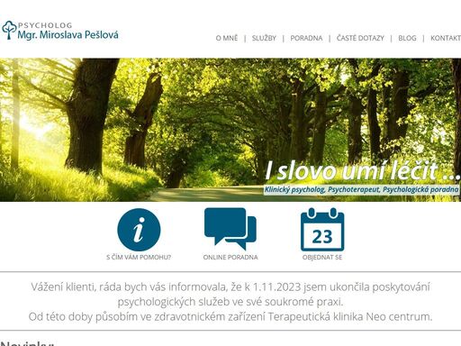 psychoterapie u klinický a dětský psycholog mgr. miroslava pěslová. v psychologické poradně online, nebo ordinaci na praze 2 pomáhám s léčbou deprese, fobie, úzkosti, posttraumatická stresová porucha, závislost na alkoholu a drogách a dalších problémů.