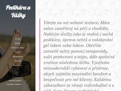 vítejte na mé webové stránce. mám salon zaměřený na péči o chodidla. nabízím služby jako je mokrá i suchá pedikúra, úprava nehtů a nalakování gel lakem nebo lakem. ošetřím zarostlé nehty pomocí tamponády, sulci protectoru a tejpu, dále společně zvolíme následnou léčbu. využívám nejmodernější vybavení a přístroje, abych zajistila maximální komfort a...