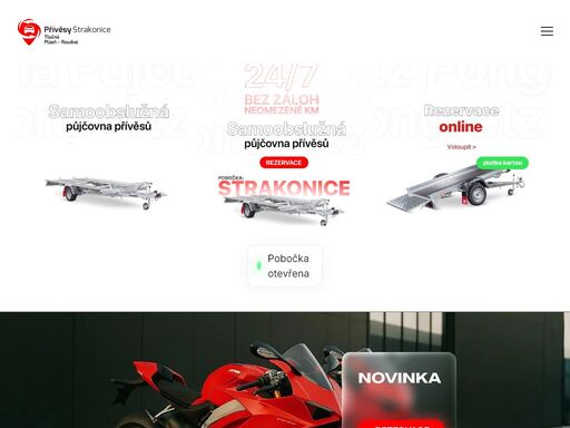 samoobslužná půjčovna přívěsů ve strakonicích. otevírací doba každý den 24/7 nonstop. rezervuj a vyzvedni. platba kartou, bez záloh. přívěsy od 350kč/24h.
