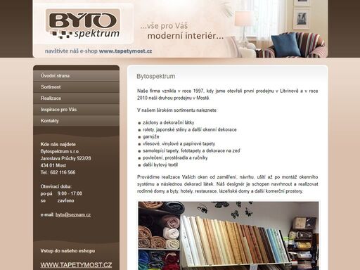 bytospektrum, bytový textil most litvínov, záclony a dekorační látky, papírové a samolepící tapety, garnyže, bytový textil, stropní podhledy, lamelové dveře, samolepící dlaždice