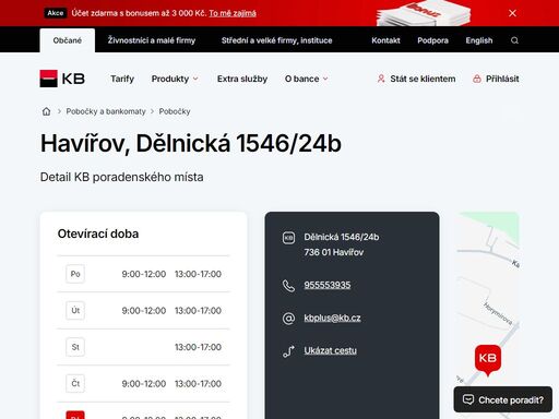 seznam a vyhledávání poboček a bankomatů komerční banky.