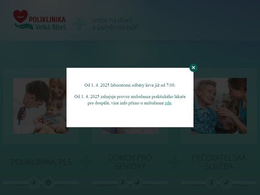 domov důchodců, pečovatelská služba a poliklinika ve velké bíteši. poskytujeme péči pacientům v různých zdravotnických oborech, o víkendech pohotovostní služba.