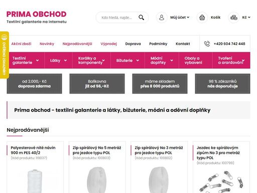 e-shop s textilní galanterii, bižuterii, módními doplňky, bytovými doplňky a výtvarnými potřeby