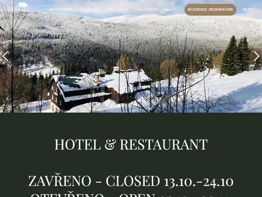 restaurace, bar, hotel, krkonoše, špindlerův mlýn  zjistěte více informací o našem hotelu, zařízení, možnosti ubytování, ale i okolí a vyžití jak v zimě tak i v létě. na své si přijdou páry toužící po romantice a soukromí, cestovatelé a sportovci, ale také větší skupiny lidí.