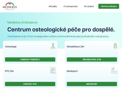     specializované pracoviště na osteologii a léčbu osteoporózy. mediekos ambulance – 30 let zkušeností, moderní vybavení. pobočky zlín, vsetín, kroměříž, ostrava, bruntál.
