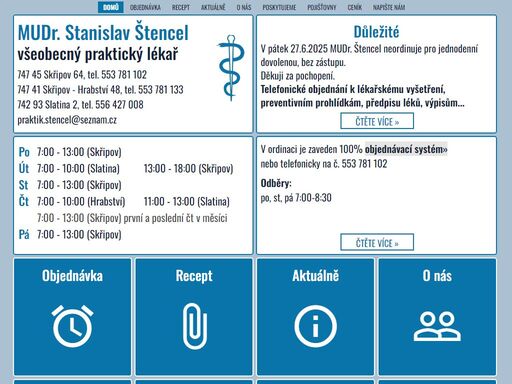 mudr. stanislav štencel - všeobecný praktický lékař pro dospělé - skřipov, hrabství, slatina, doktor, ordinační hodiny