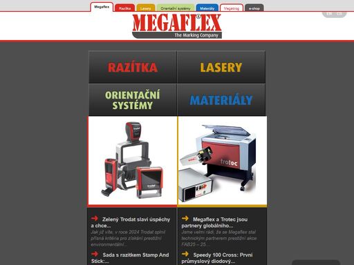 megaflex - značící lasery trotec, průmyslové lasery shine, orientační systém triline, gravírovací materiály rowmark a thermark, razítka trodat, goldring, reiner, horray.