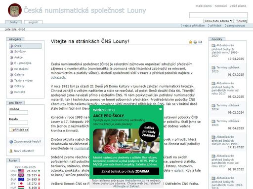 stránky věnované sbírání mincí, papírových platidel, bankovek, státovek, chmelových známek, psích známek, vyznamenání, žetonů, nouzovek, poukázek, akcií a pořádání aukcí, euro, amero