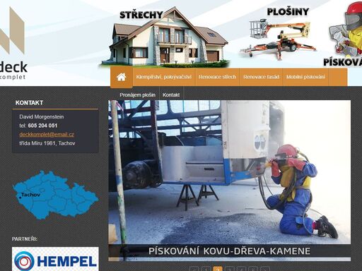 pískování kovu, dřeva, kamene. pronájem pracovních plošin. nátěry střech a fasád. renovace. klempířství, pokrývačství. výškové práce
