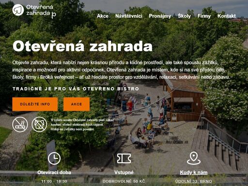 otevřená zahrada v brně nabízí jedinečné spojení přírody, zážitků a vzdělávání pro děti, školy, firmy i širokou veřejnost. užijte si naučné stezky, zvířata, workshopy a klidné prostředí v srdci města. přijďte načerpat inspiraci a odpočinout si v zelené oáze pod špilberkem
