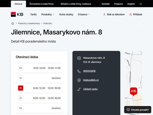 seznam a vyhledávání poboček a bankomatů komerční banky.