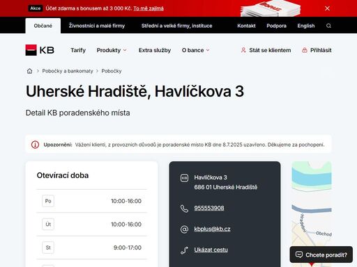 seznam a vyhledávání poboček a bankomatů komerční banky.