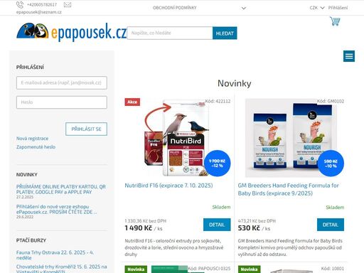 epapousek.cz eshop pro chovatele a milovníky papoušků. vážení zákazníci,  
vítejte v eshopu epapousek.cz. 
u nás můžete nakupovat bez přihlášení a bez registrace a nebo využít výhod nákupu na registraci. 
přijímáme online platby kartou, google pay a apple pay.  platit můžete také přes qr kód, převodem, na dobírku i…