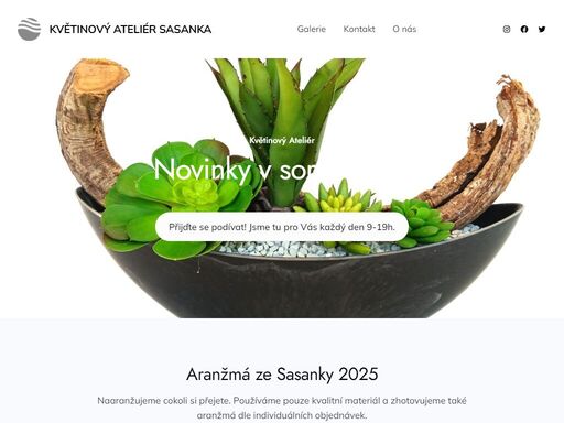 květinový ateliér novinky v sortimentu! přijďte se podívat! jsme tu pro vás každý den 9-19h. aranžmá ze sasanky 2025 naaranžujeme cokoli si přejete. používáme pouze kvalitní materiál a zhotovujeme také aranžmá dle individuálních objednávek. aranžmá ve váze s květinou 4145 kč aranžmá sukulenty 1223 kč umělé květiny ve váze asa 4572 kč aranžmá sukulenty a