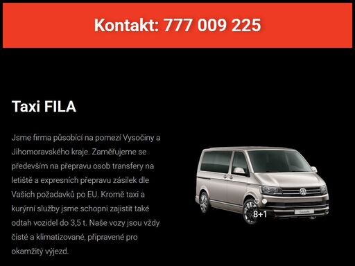 velká bíteš taxi - taxi fila. nabízíme taxi službu nejen v okolí velké bíteše, ale i po celé čr či evropě. kromě klasické taxi služby nabízíme i dopravu na letiště nebo speciální služby pro firmy či odtah vozidel. levné, rychlé a spolehlivé taxi, to je taxi fila. naše vozy jsou plně klimatizovány.