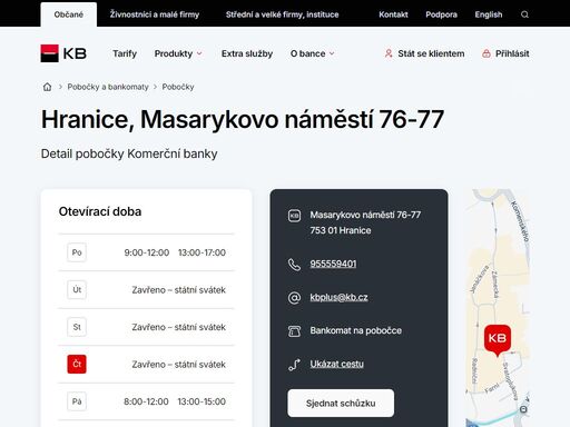 seznam a vyhledávání poboček a bankomatů komerční banky.
