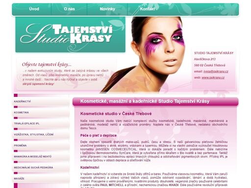 studio tajemství krásy v české třebové nabízí služby v oblastech masáže, kadeřnictví, kosmetiky, manikúry, pedikúry, péče o zdraví.