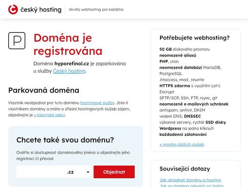 doména hyporefinol.cz je parkována u služby český hosting. vlastník k doméně neobjednal hostingové služby.