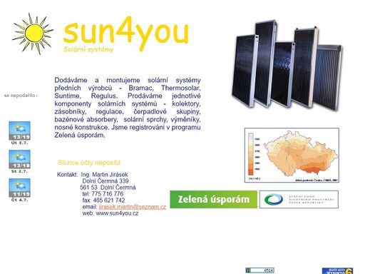 dodáváme solární systémy předních výrobců - bramac, thermosolar, suntime, regulus. systémy slňují podmínky programu zelená úsporám. prodáváme komponenty solárních systémů - sluneční kolektory, solární zásobníky, jednotky, regulace, nosné konstrukce, bazénové výměníky, bazénové absorbéry, solární sprchy. 