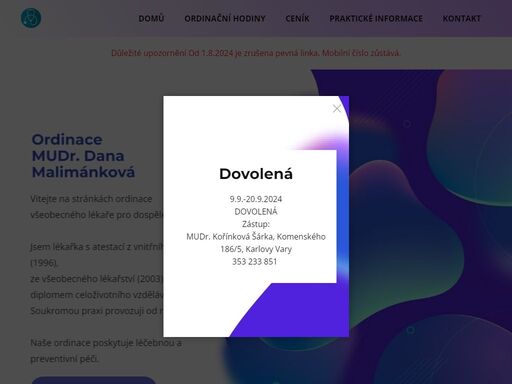 ?jsem lékařka s atestací z vnitřního  lékařství (1996) a ze  všeobecného lékařství (2003). také jsem držitelkou diplomu celoživotního vzdělávání. 
soukromou praxi provozuji od r.2008.
naše ordinace poskytuje léčebnou a preventivní péči.