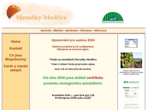 prodej moravských meruněk, bio produkt ekologicého zemědělství