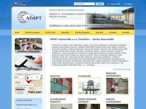 adapt dopravníky pardubice - výroba dopravníků: řetězové-redlery, korečkové-elevátory, šnekové dopravníky, pásové dopravníky ... atd.