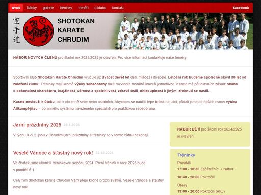 sportovní klub shotokan karate chrudim vyučuje již sedmnáct let děti, mládež i;dospělé. tréninky mají kromě výuky sebeobrany také rozvinout morální úroveň jednotlivce. karate má pět hlavních zásad: shaha o;dokonalost charakteru, loajálnost, věrnost a spolehlivost, zdravé úsilí, ohleduplnost k;jiným, zřeknutí se násilí.

karate neslouží k;útoku, ale k;obranně sebe nebo ostatních. abychom se naučili lépe bránit na ulici, přidali jsme do našich osnov výuku allkampf-jitsu;– obranného systému navrženého speciálně pro praktickou sebeobranu.