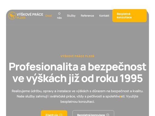 provádíme výškové práce a svářečské práce, rizikové kácení, nátěry konstrukcí, stožárů, mytí a čištění těžko přístupných míst v průmyslu, instalace ochrany proti holubům, opravy hydroizolačních pásů a