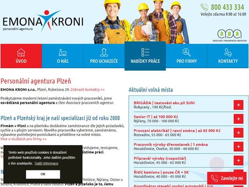 práce v plzni a okolí s personální agenturou emona kroni. databáze volných pracovních míst, sezonní práce a brigády. zajištění zaměstnanců pro firmy v plzn