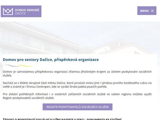 domov seniorů dačice je příspěvkovou organizací zřízenou jihočeským krajem za účelem poskytování sociálních služeb. domov se nachází v klidné okrajové části města dačice.
