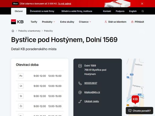 seznam a vyhledávání poboček a bankomatů komerční banky.